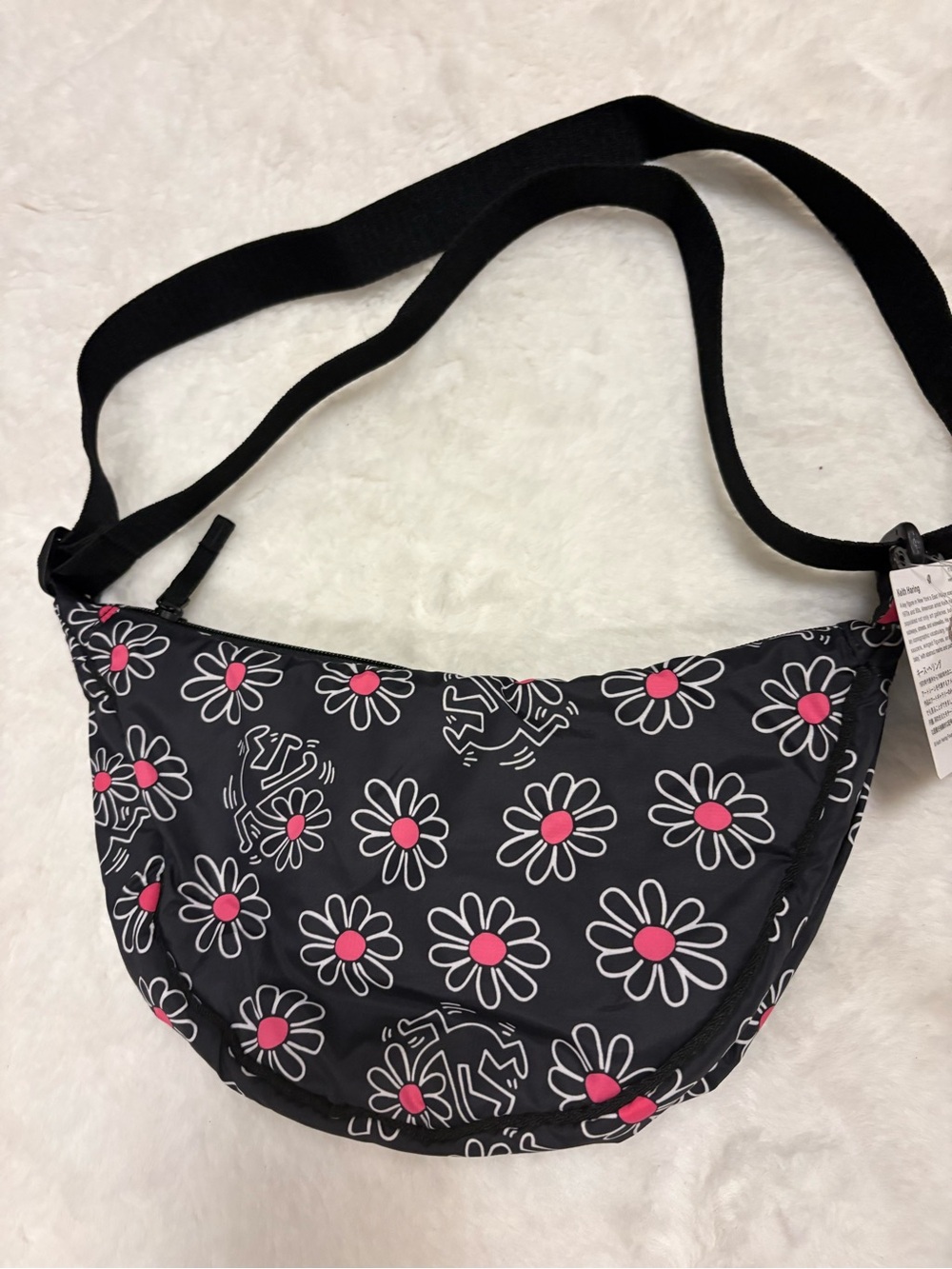 Black Floral Crossbody Bag with Pink Accents